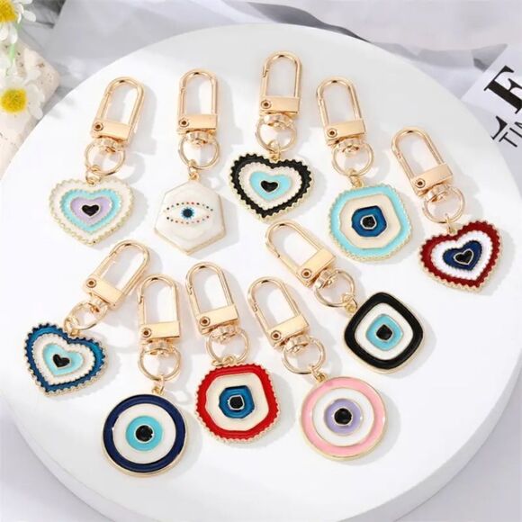 Round Evil Eye Keychain Key Ring Pink and white NWT Zinc Alloy - Picture 1 of 6